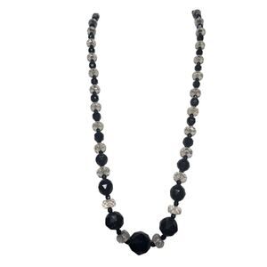 Vintage Glass Jet and Crystal Faceted Bead Opera Length Necklace Toggle Clasp